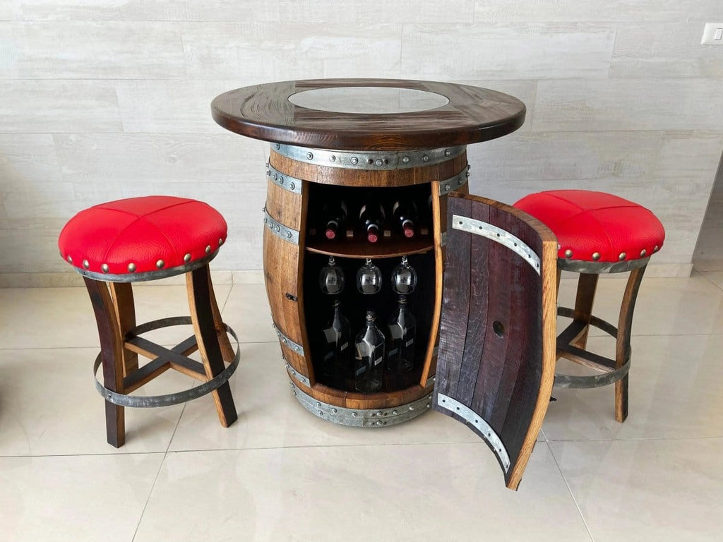 Oak Wood Wine Barrels 2 / Red / Stemware Shelf Oak Barrel Pub Table Set, Limited Colorways, Counter Height Wood Glass Top, Cabinet Storage, Bar Stools, Home Bar, Man Cave - Handmade from Family Business