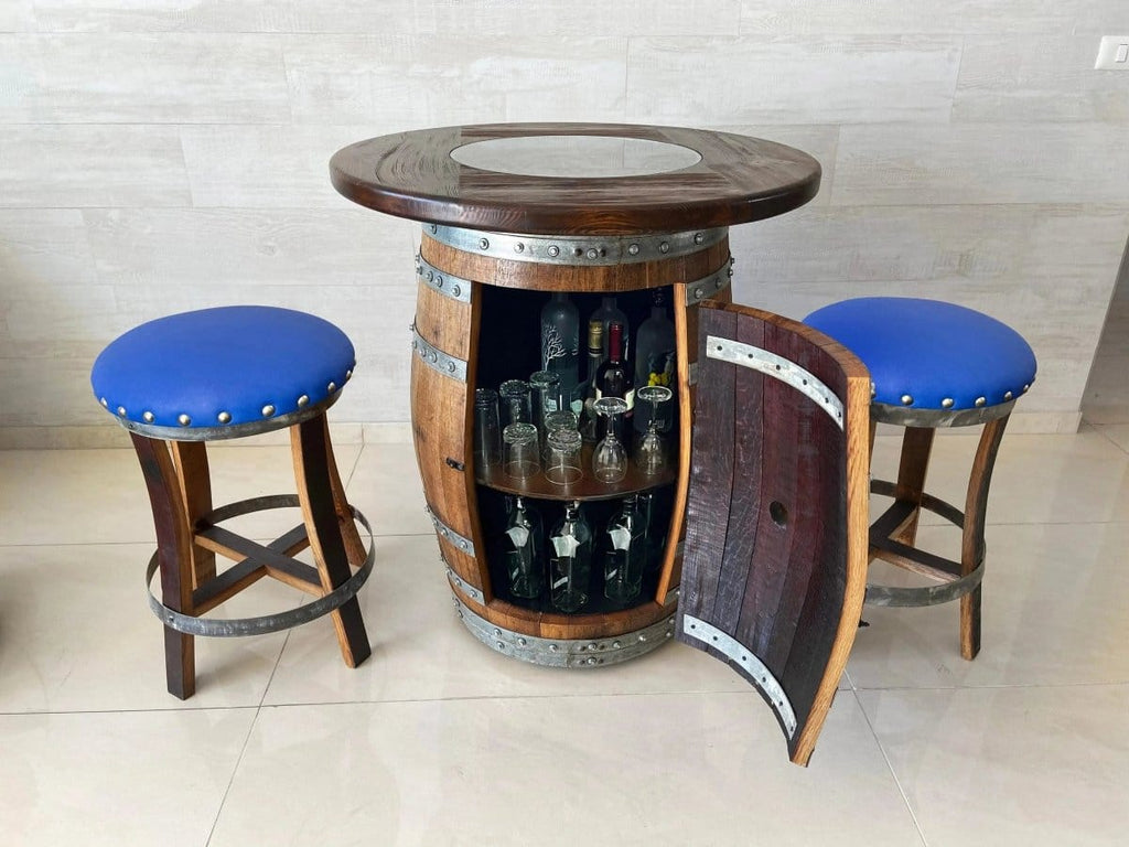 Oak Wood Wine Barrels 2 / Sea Blue / Flat Shelf Oak Barrel Pub Table Set, Limited Colorways, Counter Height Wood Glass Top, Cabinet Storage, Bar Stools, Home Bar, Man Cave - Handmade from Family Business