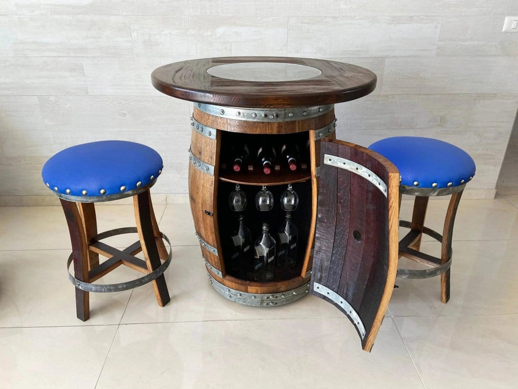 Oak Wood Wine Barrels 2 / Sea Blue / Stemware Shelf Oak Barrel Pub Table Set, Limited Colorways, Counter Height Wood Glass Top, Cabinet Storage, Bar Stools, Home Bar, Man Cave - Handmade from Family Business