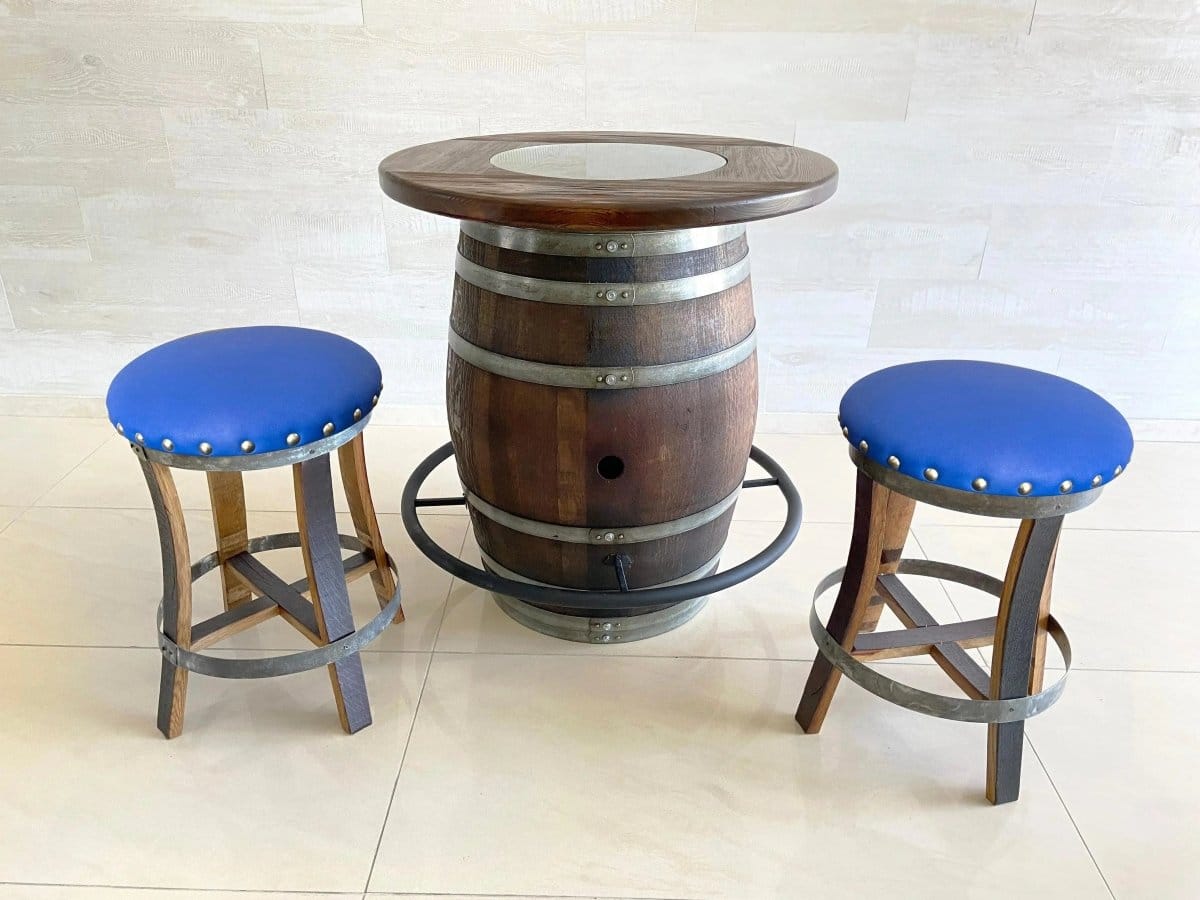 Oak Wood Wine Barrels 2 / Sea Blue / Wood-Glass Oak Wine Barrel Whiskey Bistro Pub Table Set, Footrail, Bar Stools, Home Bar, Man Cave, Whiskey Bistro, Wine Bistro, Barrel Bar, Glass Top