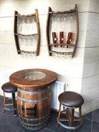 Oak Wood Wine Barrels 2 / Wood-Glass Top Handcrafted Wine Barrel Bar Set #2 - Whiskey & Wine Barrel Bar with Pub Table and Bar Stools for Home Bar Decor