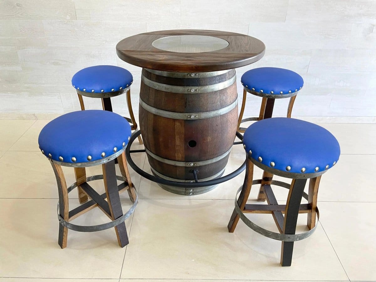 Oak Wood Wine Barrels 4 / Sea Blue / Wood-Glass Oak Wine Barrel Whiskey Bistro Pub Table Set, Footrail, Bar Stools, Home Bar, Man Cave, Whiskey Bistro, Wine Bistro, Barrel Bar, Glass Top