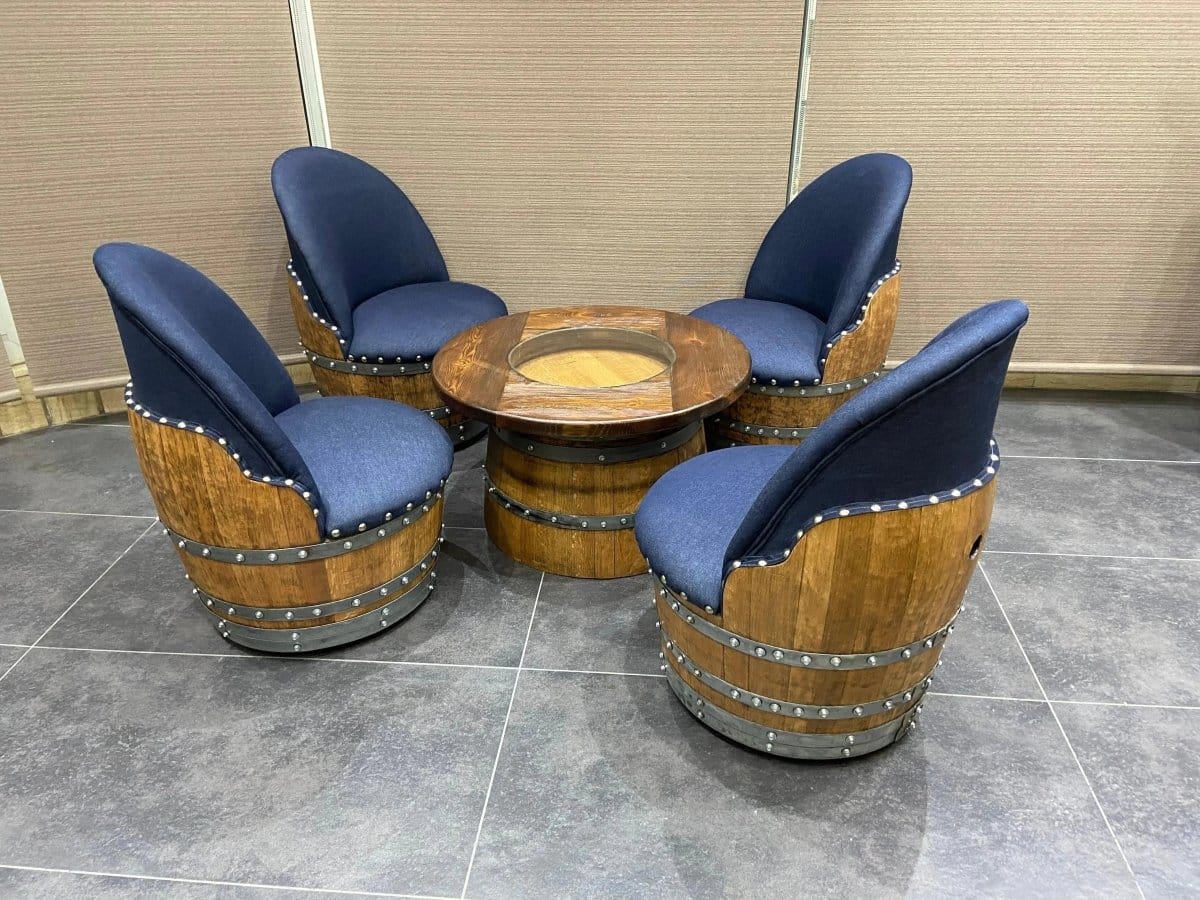 Oak Wood Wine Barrels Blue Denim (Limited Colorway) Wine Barrel Full Round Coffee Table Set with 4 Chairs - Rustic Whiskey Barrel Furniture Set - Handmade Solid Oak - Free Shipping