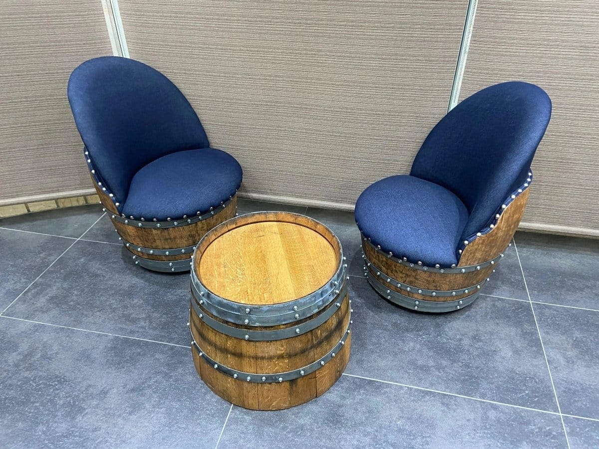 Oak Wood Wine Barrels Blue Denim (Limited Colorway) Wine Barrel Round Coffee Table Set with 2 Chairs - Rustic Whiskey Barrel Furniture Set - Handmade Solid Oak - Free Shipping