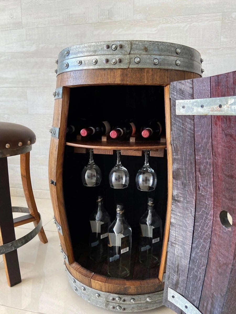 Oak Wood Wine Barrels Bourbon Wine Barrel Cabinet, Door Storage with Stemware Shelf, Barrel Cabinet, Barrel Bar, Whiskey Barrel Bar, Liquor, Wine Barrel Cabinet