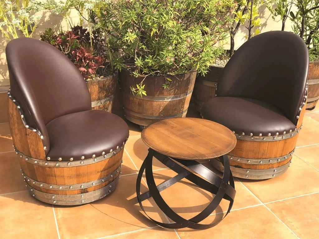 Oak Wood Wine Barrels Brown Brown Oak Barrel Chair, Handmade Wine and Whiskey Barrel Chair, Hidden Storage, Memory Foam Upholstery, Movable On Casters