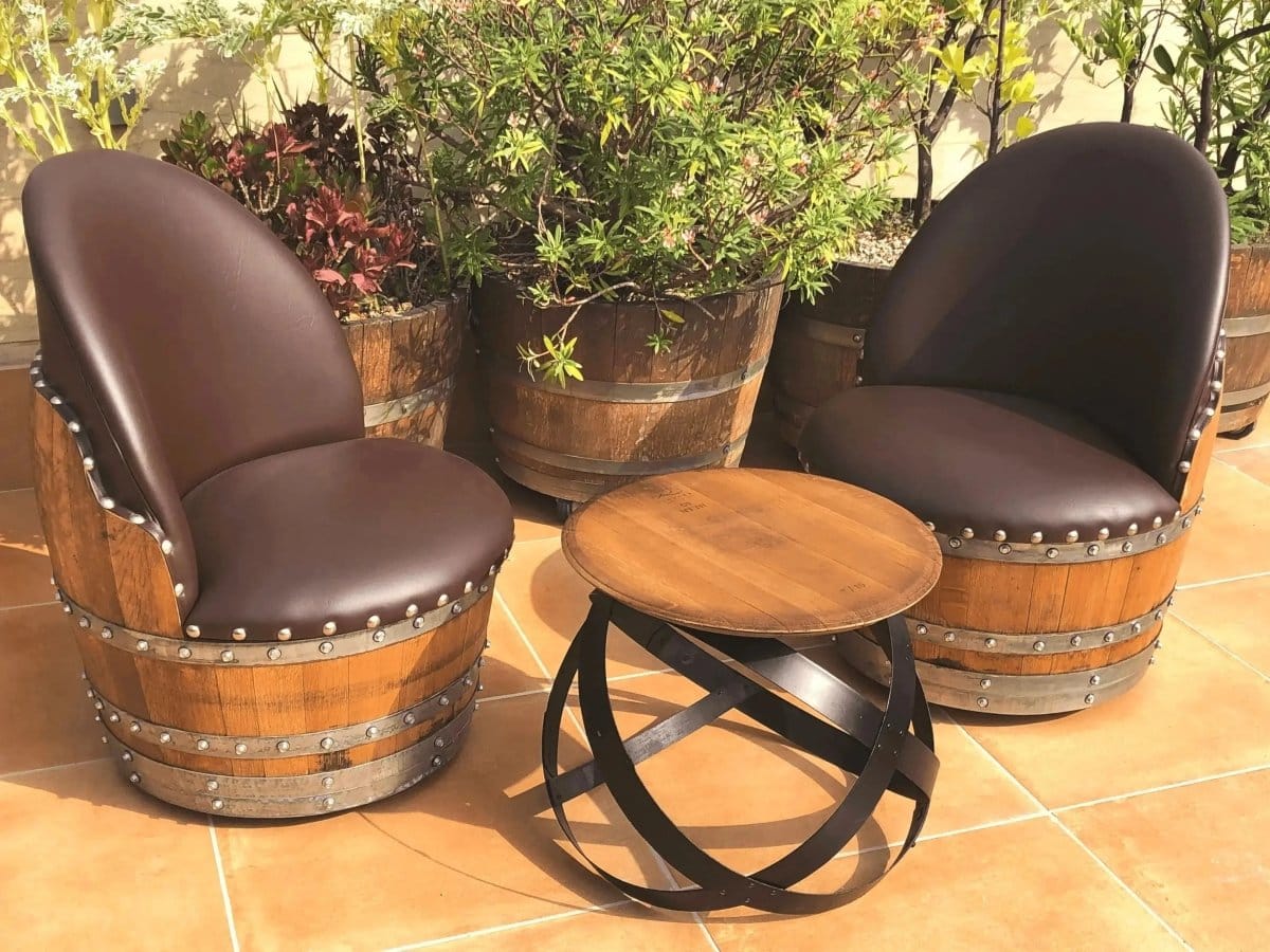 Oak Wood Wine Barrels Brown Brown Oak Barrel Chair, Handmade Wine and Whiskey Barrel Chair, Hidden Storage, Memory Foam Upholstery, Movable On Casters
