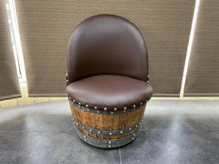 Oak Wood Wine Barrels Brown Brown Oak Barrel Chair, Handmade Wine and Whiskey Barrel Chair, Hidden Storage, Memory Foam Upholstery, Movable On Casters