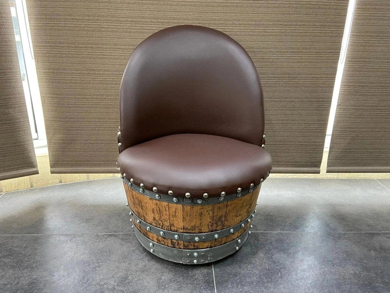 Oak Wood Wine Barrels Brown Brown Oak Barrel Chair, Handmade Wine and Whiskey Barrel Chair, Hidden Storage, Memory Foam Upholstery, Movable On Casters