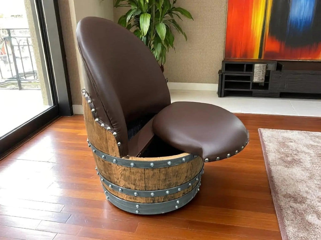 Oak Wood Wine Barrels Brown Brown Oak Barrel Chair, Handmade Wine and Whiskey Barrel Chair, Hidden Storage, Memory Foam Upholstery, Movable On Casters