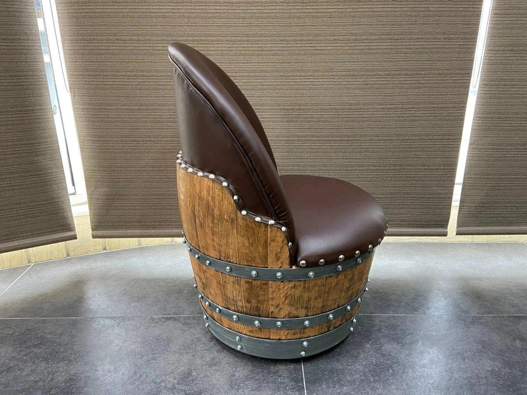 Oak Wood Wine Barrels Brown Brown Oak Barrel Chair, Handmade Wine and Whiskey Barrel Chair, Hidden Storage, Memory Foam Upholstery, Movable On Casters