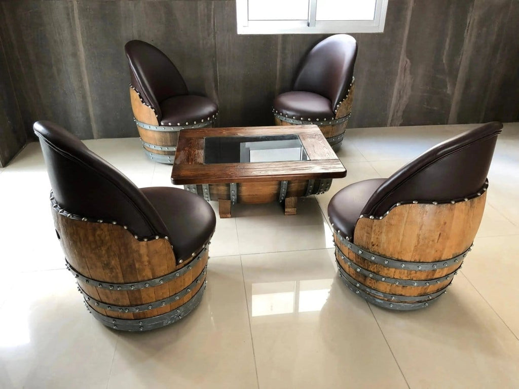 Oak Wood Wine Barrels Brown Brown Oak Barrel Chair, Handmade Wine and Whiskey Barrel Chair, Hidden Storage, Memory Foam Upholstery, Movable On Casters