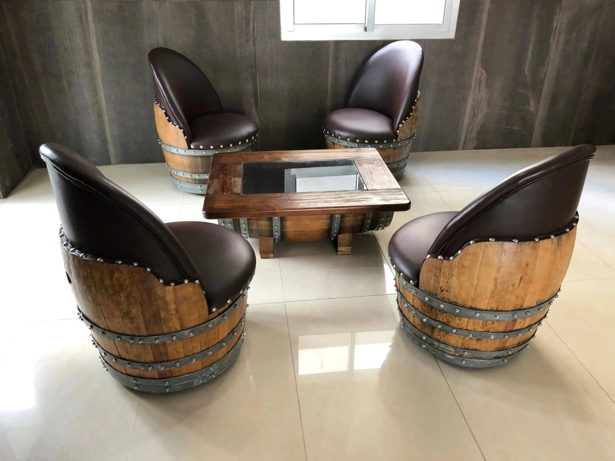 Oak Wood Wine Barrels Brown Brown Oak Barrel Chair, Handmade Wine and Whiskey Barrel Chair, Hidden Storage, Memory Foam Upholstery, Movable On Casters