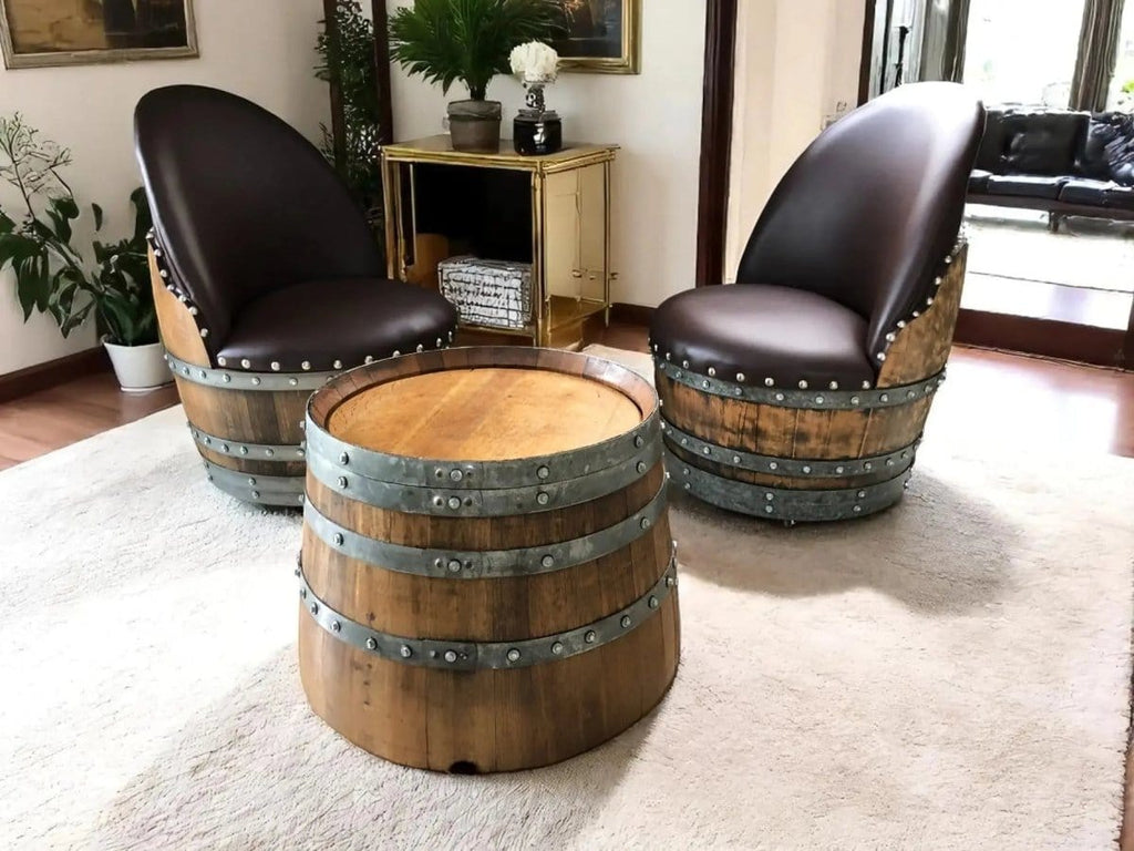 Oak Wood Wine Barrels Brown Wine Barrel Round Coffee Table Set with 2 Chairs - Rustic Whiskey Barrel Furniture Set - Handmade Solid Oak - Free Shipping
