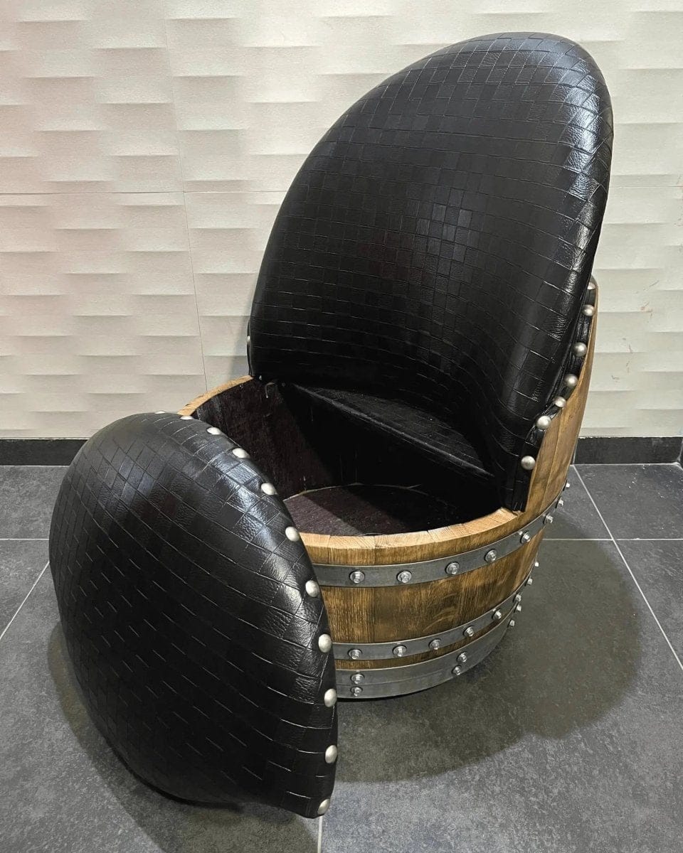 Oak Wood Wine Barrels Checkered Black Checkered Black Oak Barrel Chair, Handmade Wine and Whiskey Barrel Chair, Hidden Storage, Memory Foam Upholstery, Movable On Casters