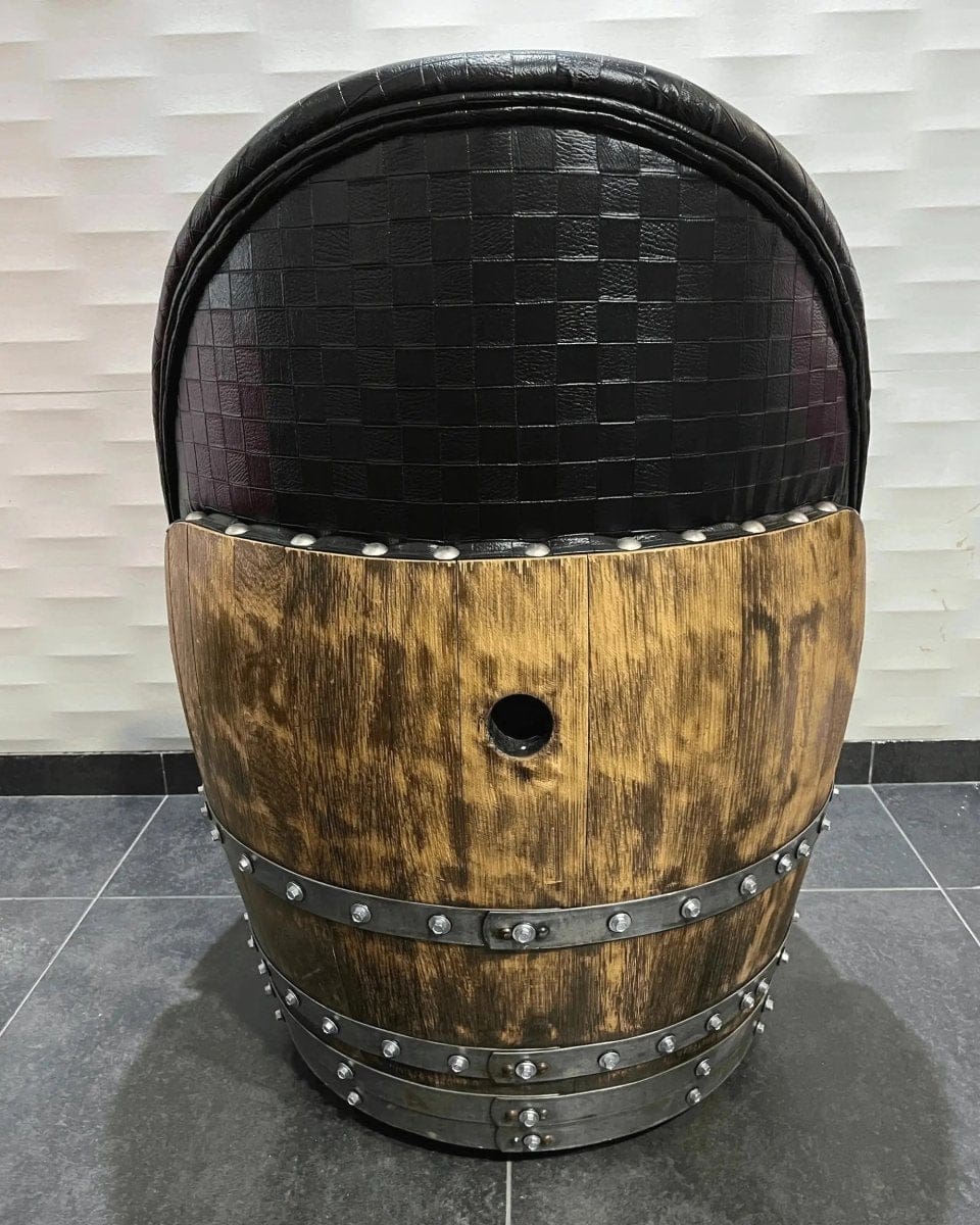 Oak Wood Wine Barrels Checkered Black Checkered Black Oak Barrel Chair, Handmade Wine and Whiskey Barrel Chair, Hidden Storage, Memory Foam Upholstery, Movable On Casters