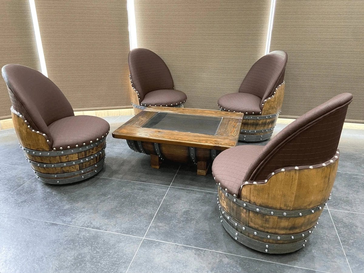 Oak Wood Wine Barrels Checkered Brown (Limited Colorway) Wine Barrel Coffee Table Set with 4 Chairs - Rustic Whiskey Barrel Furniture Set - Handmade Solid Oak - Free Shipping