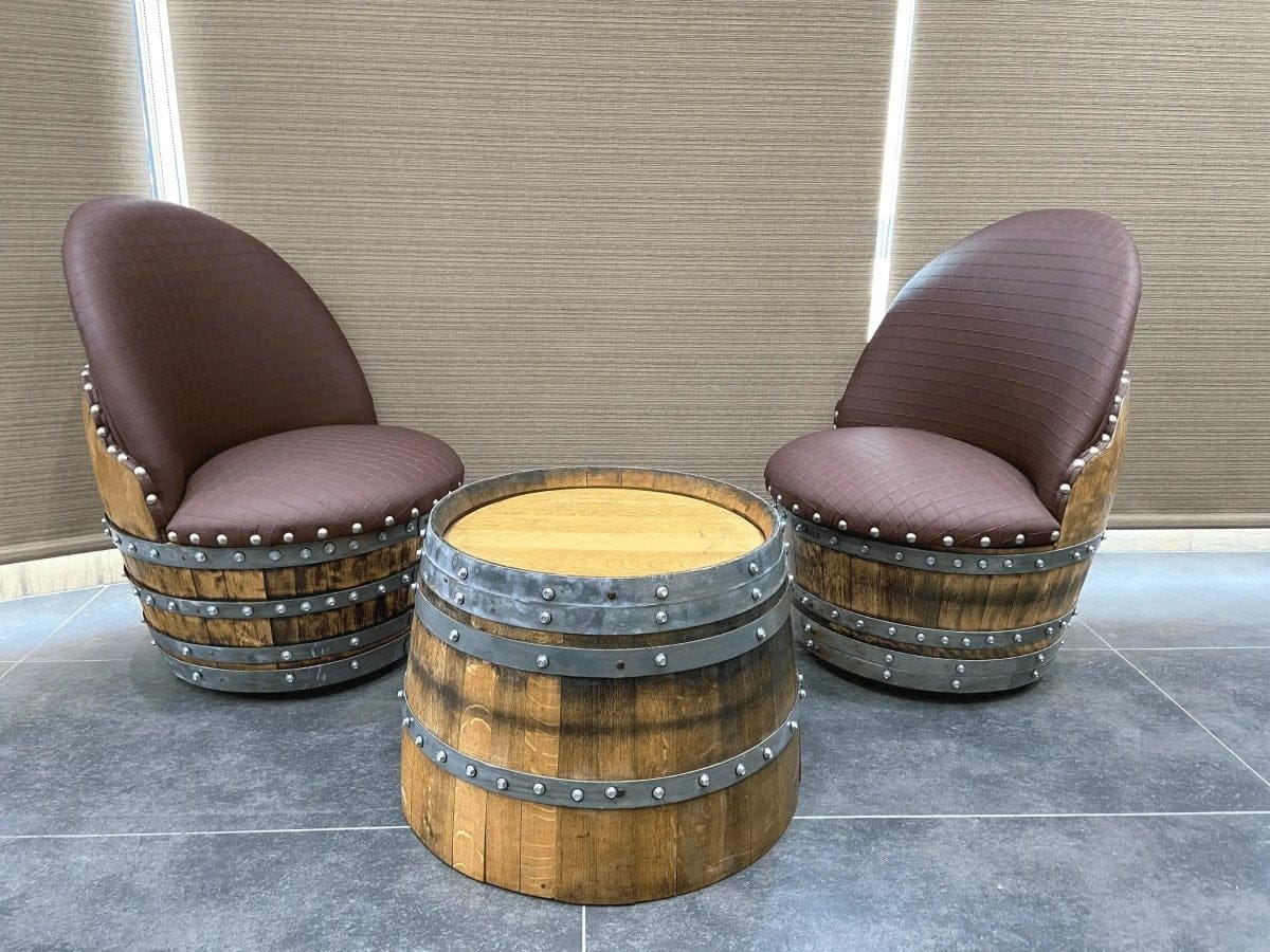 Oak Wood Wine Barrels Checkered Brown (Limited Colorway) Wine Barrel Round Coffee Table Set with 2 Chairs - Rustic Whiskey Barrel Furniture Set - Handmade Solid Oak - Free Shipping