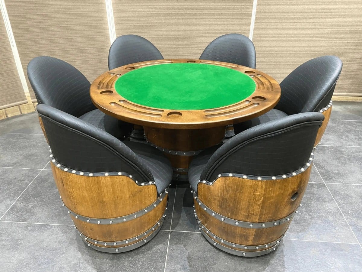 Oak Wood Wine Barrels Checkered Gray (Limited Colorway) / No Removable Dining Top Wine Barrel Poker Set with Removable Dining Top - Game Table & Barrel Chair - Wine Barrel Table for Dining and Poker