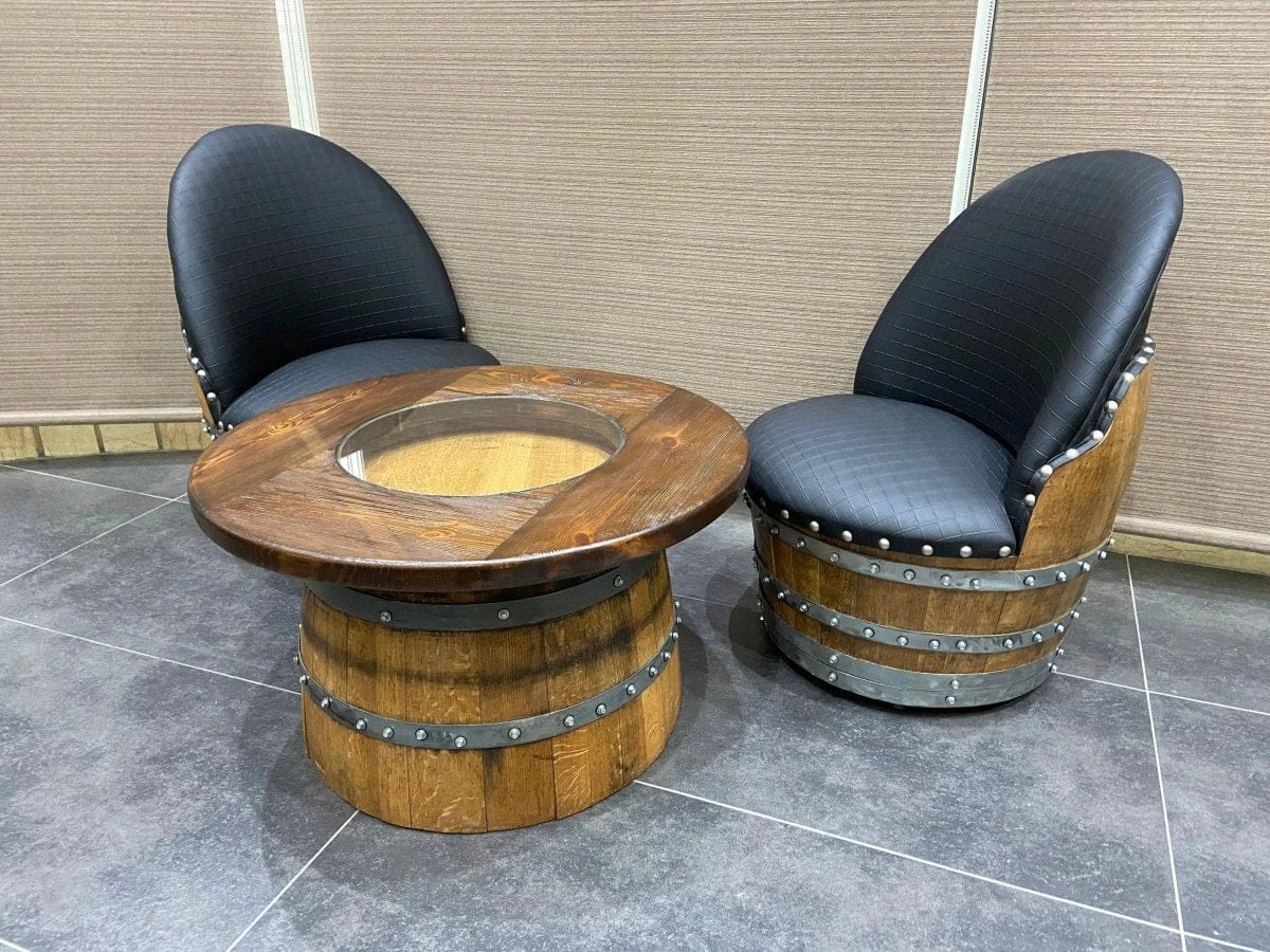 Oak Wood Wine Barrels Checkered Gray (Limited Colorway) Wine Barrel Full Round Coffee Table Set with 2 Chairs - Rustic Whiskey Barrel Furniture Set - Handmade Solid Oak - Free Shipping