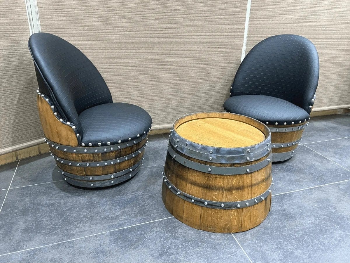 Oak Wood Wine Barrels Checkered Gray (Limited Colorway) Wine Barrel Round Coffee Table Set with 2 Chairs - Rustic Whiskey Barrel Furniture Set - Handmade Solid Oak - Free Shipping