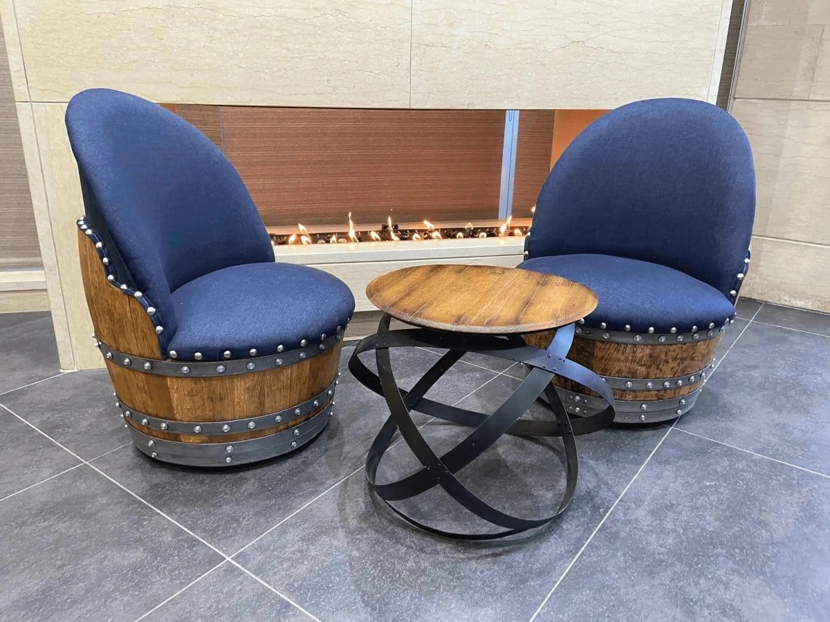 Oak Wood Wine Barrels Dark Navy Blue Oak Barrel Chair, Handmade Wine and Whiskey Barrel Chair, Hidden Storage, Memory Foam Upholstery, Movable On Casters