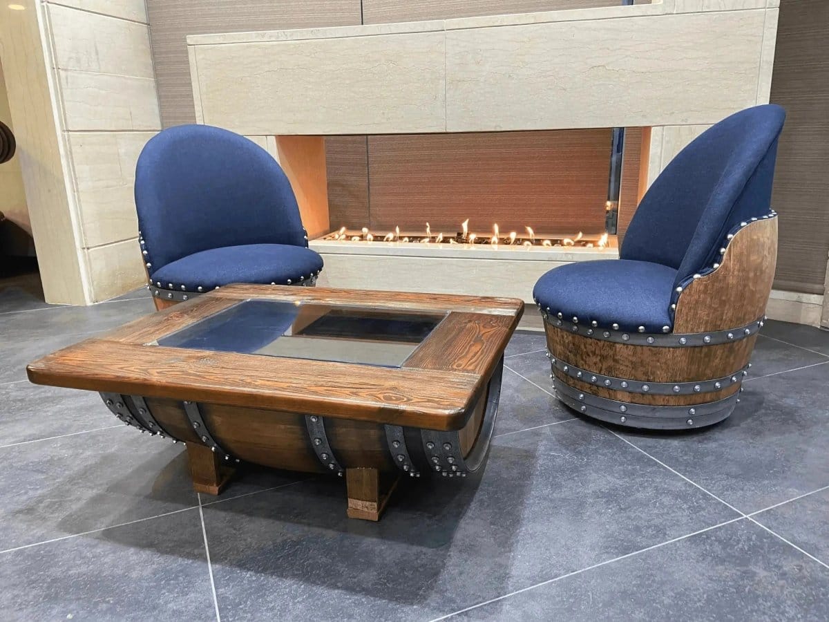 Oak Wood Wine Barrels Dark Navy Blue Oak Barrel Chair, Handmade Wine and Whiskey Barrel Chair, Hidden Storage, Memory Foam Upholstery, Movable On Casters