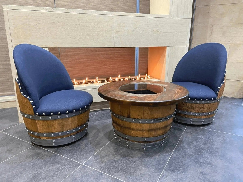 Oak Wood Wine Barrels Dark Navy Blue Oak Barrel Chair, Handmade Wine and Whiskey Barrel Chair, Hidden Storage, Memory Foam Upholstery, Movable On Casters