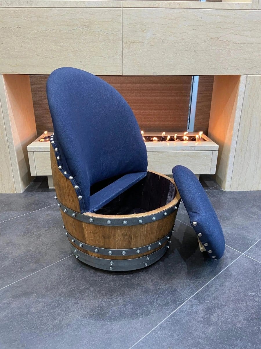 Oak Wood Wine Barrels Dark Navy Blue Oak Barrel Chair, Handmade Wine and Whiskey Barrel Chair, Hidden Storage, Memory Foam Upholstery, Movable On Casters