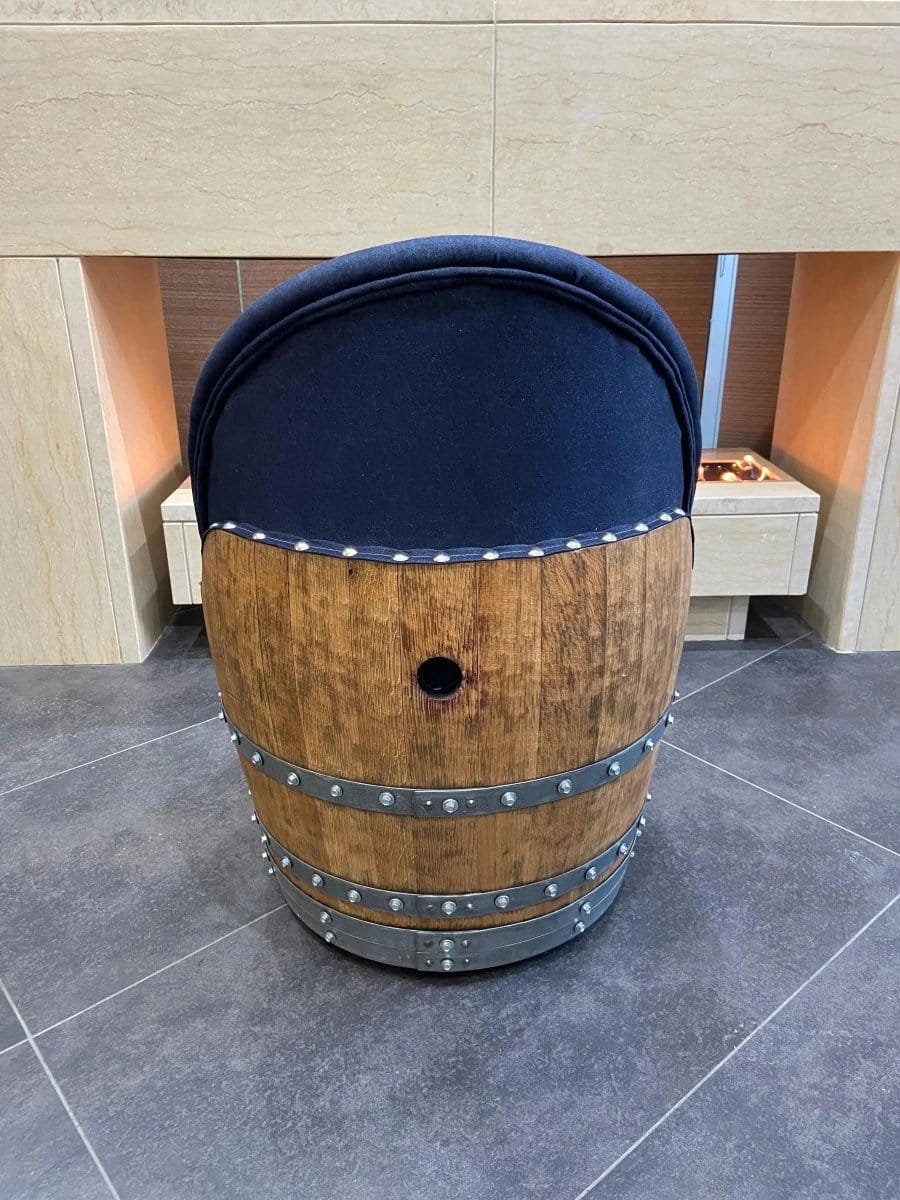 Oak Wood Wine Barrels Dark Navy Blue Oak Barrel Chair, Handmade Wine and Whiskey Barrel Chair, Hidden Storage, Memory Foam Upholstery, Movable On Casters