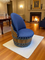 Oak Wood Wine Barrels Dark Navy Blue Oak Barrel Chair, Handmade Wine and Whiskey Barrel Chair, Hidden Storage, Memory Foam Upholstery, Movable On Casters