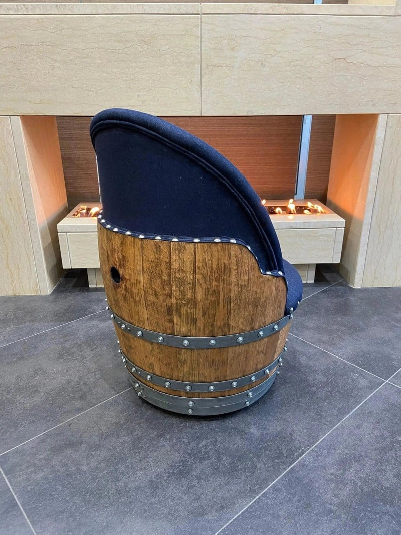Oak Wood Wine Barrels Dark Navy Blue Oak Barrel Chair, Handmade Wine and Whiskey Barrel Chair, Hidden Storage, Memory Foam Upholstery, Movable On Casters