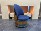 Oak Wood Wine Barrels Dark Navy Blue Oak Barrel Chair, Handmade Wine and Whiskey Barrel Chair, Hidden Storage, Memory Foam Upholstery, Movable On Casters