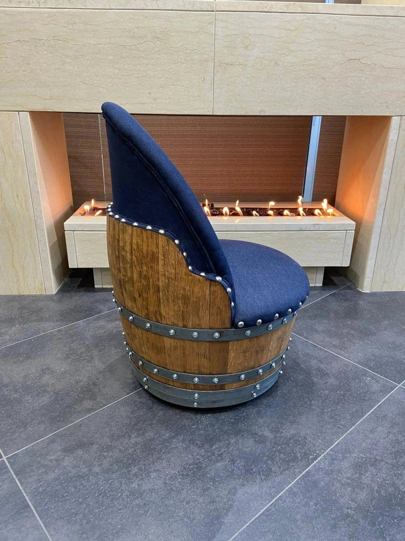 Oak Wood Wine Barrels Dark Navy Blue Oak Barrel Chair, Handmade Wine and Whiskey Barrel Chair, Hidden Storage, Memory Foam Upholstery, Movable On Casters