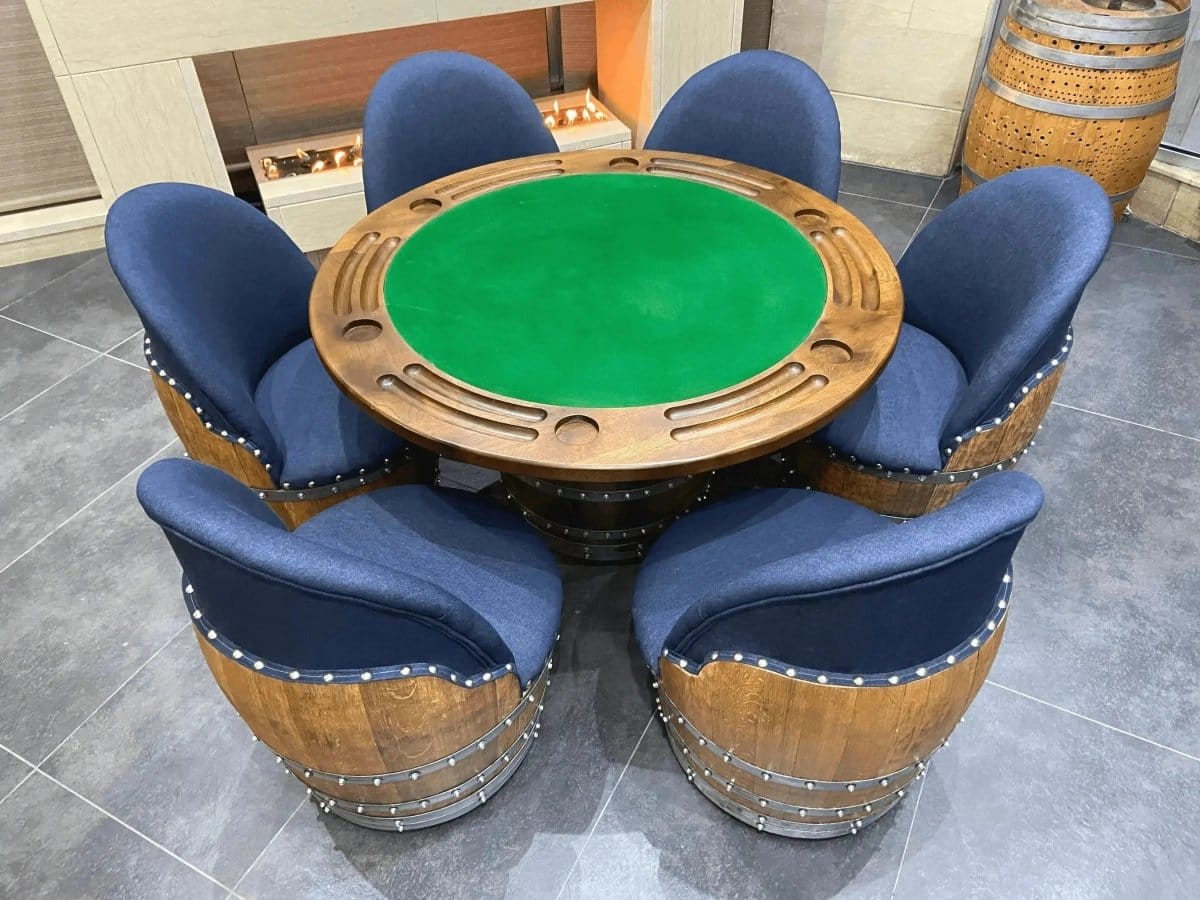 Oak Wood Wine Barrels Dark Navy Blue Oak Barrel Chair, Handmade Wine and Whiskey Barrel Chair, Hidden Storage, Memory Foam Upholstery, Movable On Casters