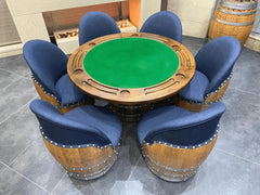 Oak Wood Wine Barrels Dark Navy Blue Oak Barrel Chair, Handmade Wine and Whiskey Barrel Chair, Hidden Storage, Memory Foam Upholstery, Movable On Casters