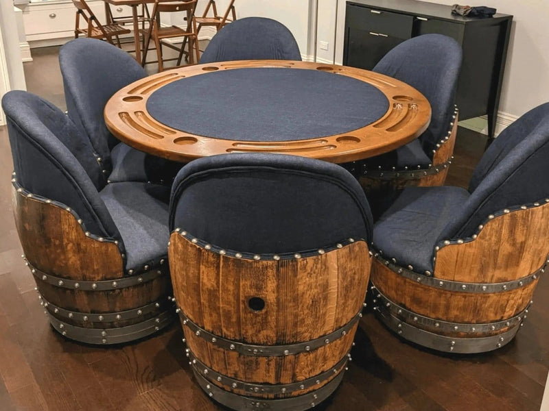 Oak Wood Wine Barrels Dark Navy Blue Wine Barrel Poker Set with Removable Dining Top - Game Table & Barrel Chair - Wine Barrel Table for Dining and Poker
