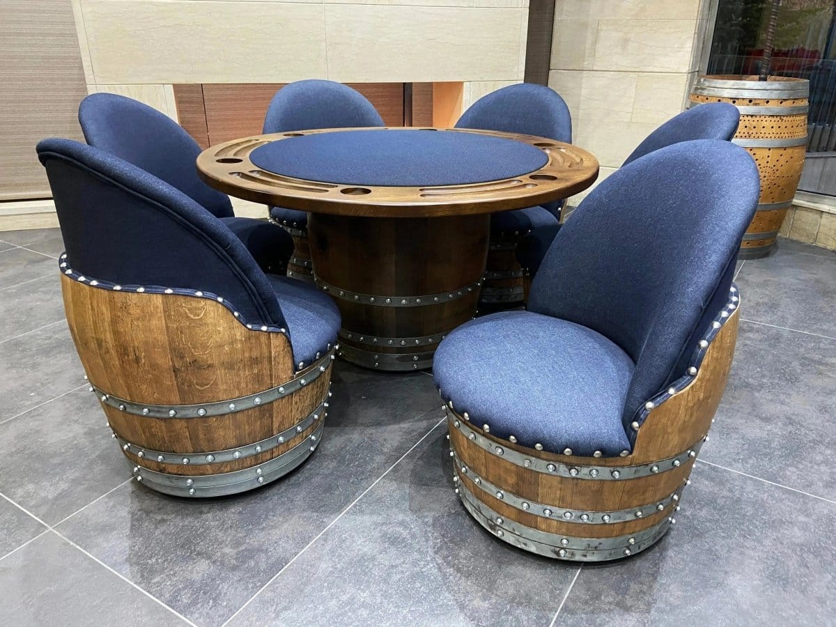 Oak Wood Wine Barrels Dark Navy Blue Wine Barrel Poker Set with Removable Dining Top - Game Table & Barrel Chair - Wine Barrel Table for Dining and Poker