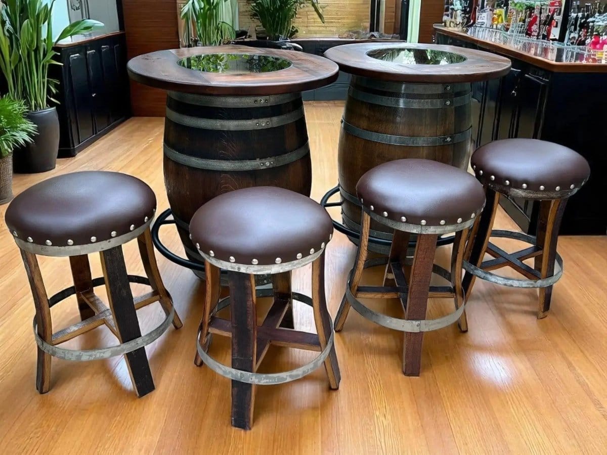 Oak Wood Wine Barrels Double Oak Barrel Bistro Pub Table Set, Bourbon Wine Barrel, Footrail Footrest Comfort, Barrel Bar, Whiskey Barrel Bar, Wine Barrel Cabinet