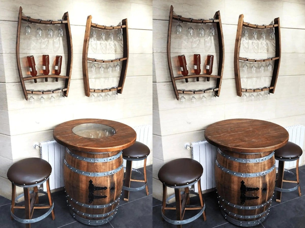 Oak Wood Wine Barrels Handcrafted Wine Barrel Bar Set #2 - Whiskey & Wine Barrel Bar with Pub Table and Bar Stools for Home Bar Decor