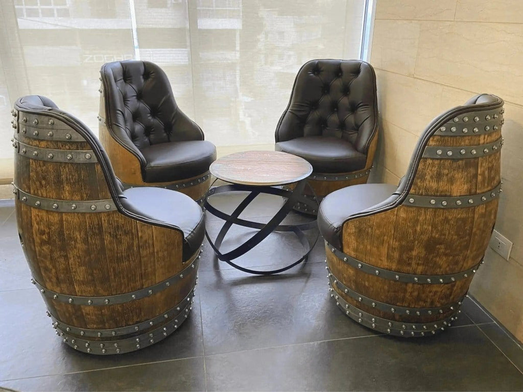 Oak Wood Wine Barrels Luxury Captain Barrel Chair, Handmade Wine and Whiskey Barrel Chair, Hidden Storage, Memory Foam Upholstery, Movable On Casters