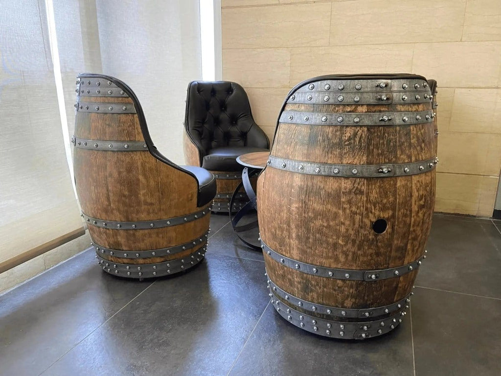 Oak Wood Wine Barrels Luxury Captain Barrel Chair, Handmade Wine and Whiskey Barrel Chair, Hidden Storage, Memory Foam Upholstery, Movable On Casters
