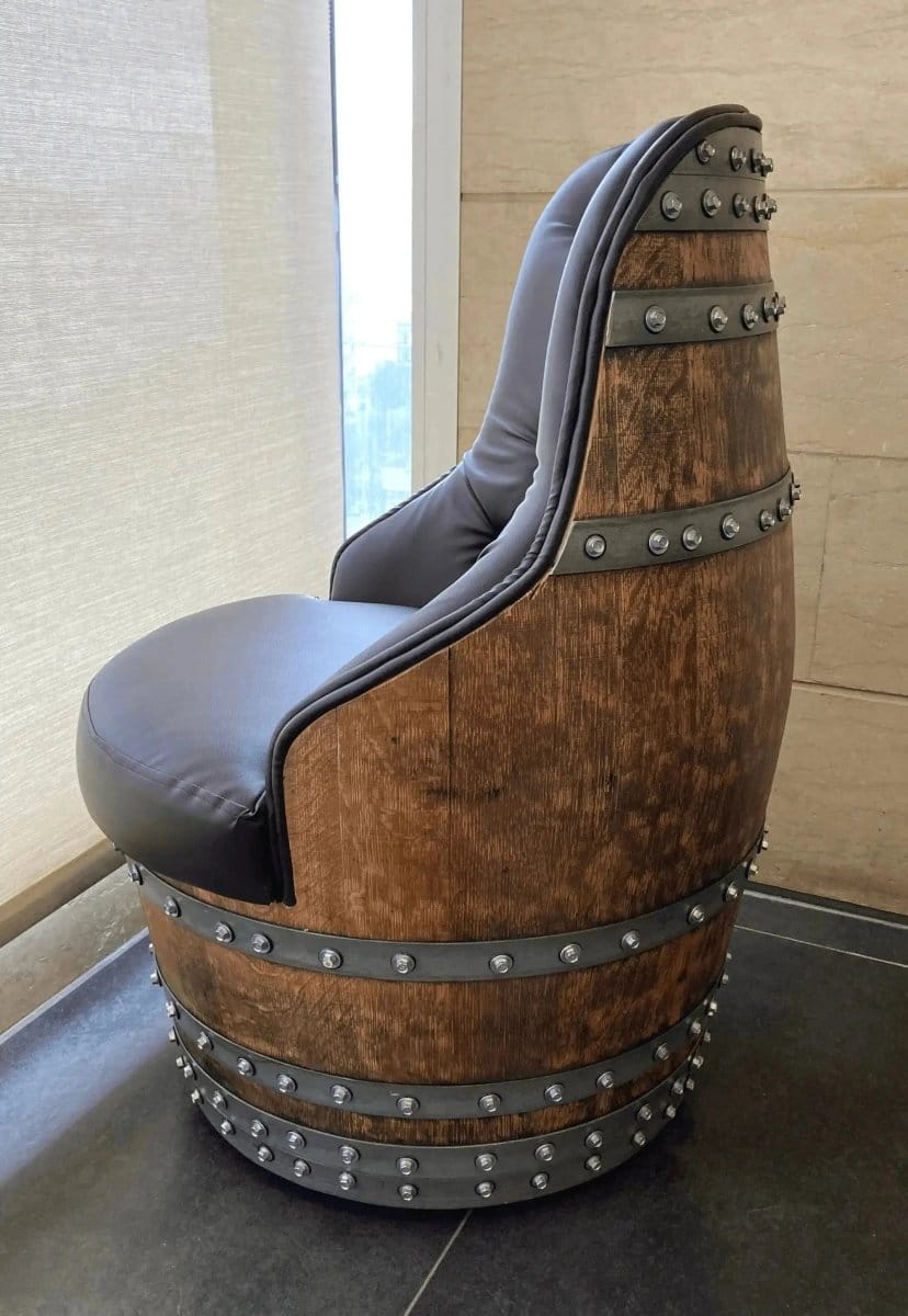Oak Wood Wine Barrels Luxury Captain Barrel Chair, Handmade Wine and Whiskey Barrel Chair, Hidden Storage, Memory Foam Upholstery, Movable On Casters