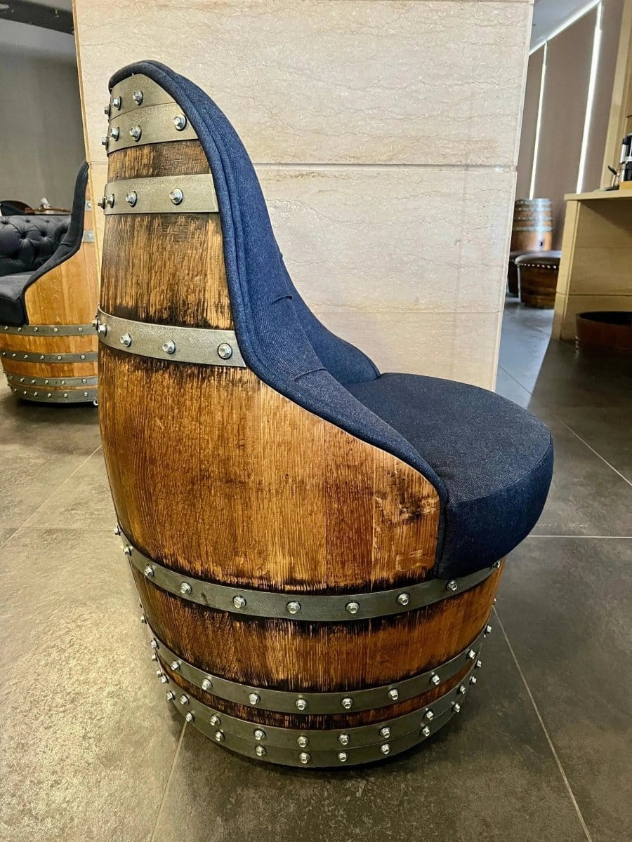 Oak Wood Wine Barrels Luxury Captain Barrel Chair, Handmade Wine and Whiskey Barrel Chair, Hidden Storage, Memory Foam Upholstery, Movable On Casters