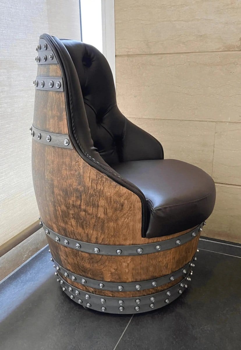 Oak Wood Wine Barrels Luxury Captain Barrel Chair, Handmade Wine and Whiskey Barrel Chair, Hidden Storage, Memory Foam Upholstery, Movable On Casters