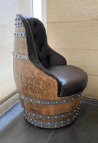 Oak Wood Wine Barrels Luxury Captain Barrel Chair, Handmade Wine and Whiskey Barrel Chair, Hidden Storage, Memory Foam Upholstery, Movable On Casters