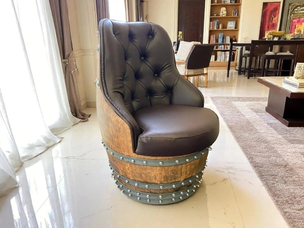 Oak Wood Wine Barrels Luxury Captain Barrel Chair, Handmade Wine and Whiskey Barrel Chair, Hidden Storage, Memory Foam Upholstery, Movable On Casters