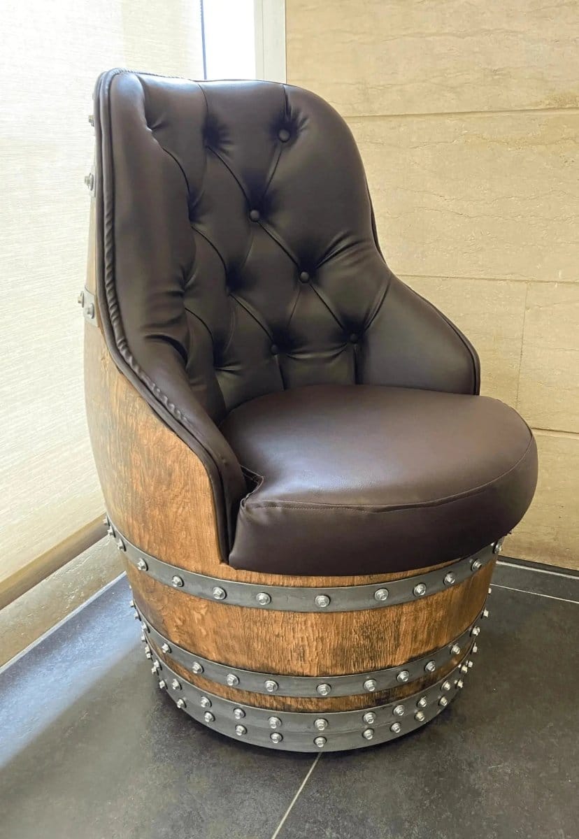 Oak Wood Wine Barrels Luxury Captain Barrel Chair, Handmade Wine and Whiskey Barrel Chair, Hidden Storage, Memory Foam Upholstery, Movable On Casters