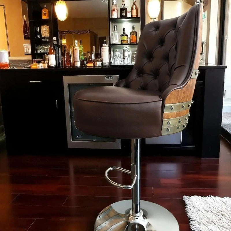 Oak Wood Wine Barrels Luxury Oak Barrel Bar Stool - Adjustable Hydraulic Base - Handcrafted Reclaimed Oak Barrel Chair - Pub & Whiskey Barrel Seating - Rustic Home Decor