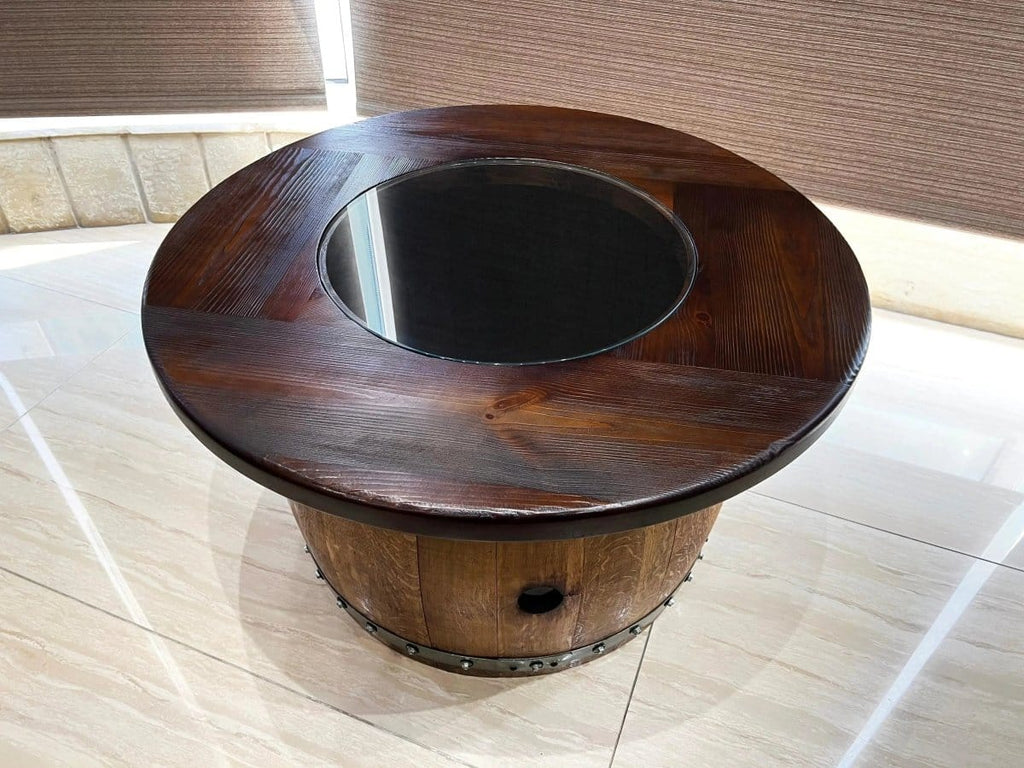 Oak Wood Wine Barrels Mid-Barrel Coffee Table With Removable Glass Top - Wine/Whiskey/Bourbon Barrel Storage Table - Rustic Furniture
